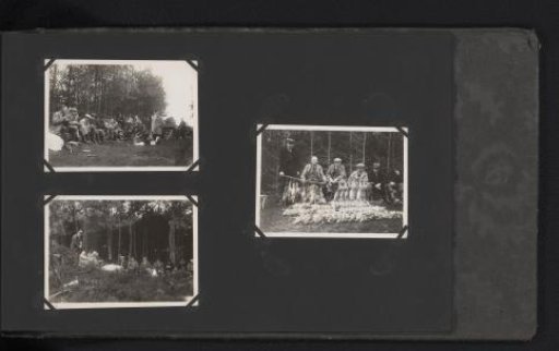 Three photographs of a group of hunters in a forest