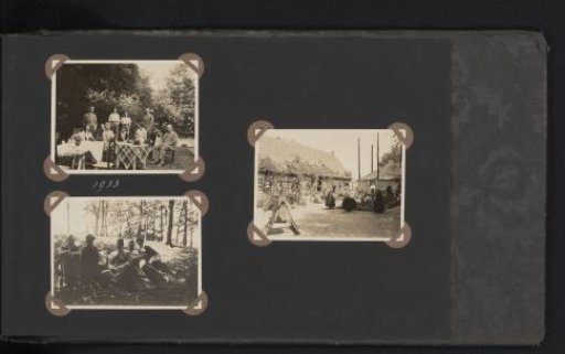 Three photographs of a group in a garden and at a picnic