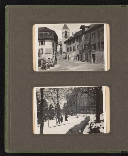 Two photographs of the Van den Berg family walking during a holiday in the Alps