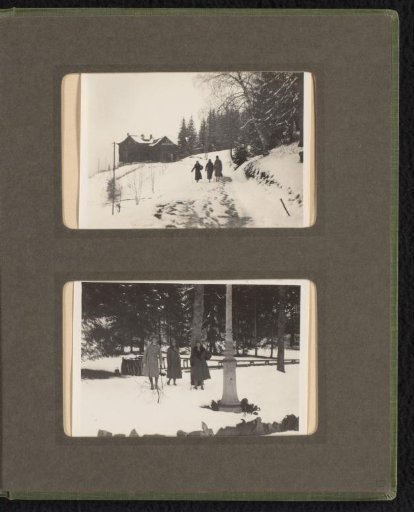 Two photographs of the Van den Berg family walking in the snow during a holiday in the Alps