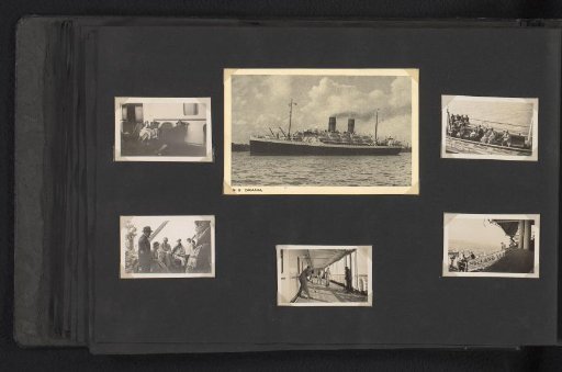 Five photographs on board the SS Orania and a photomechanical postcard of the ship