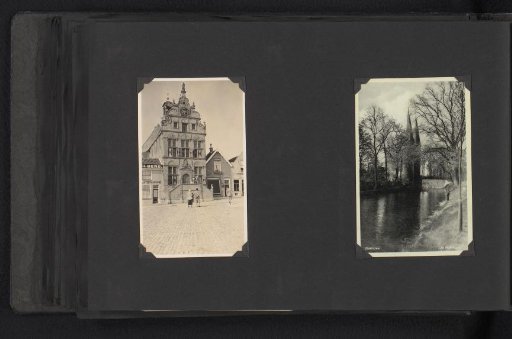Photograph of the town hall of Brouwershaven and a photomechanical postcard of the Nobelpoort in Zierikzee