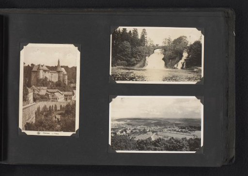 Photomechanical postcard of the castle of Clervaux and two photos of the Cascades de Coo and the Three-Country Point