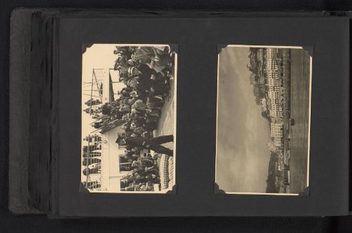 Two photographs of passengers on board a ship and the English south coast