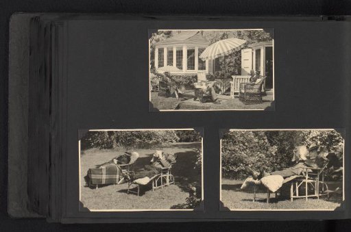 Three photographs of the Van den Berg family reading in a garden, possibly in England