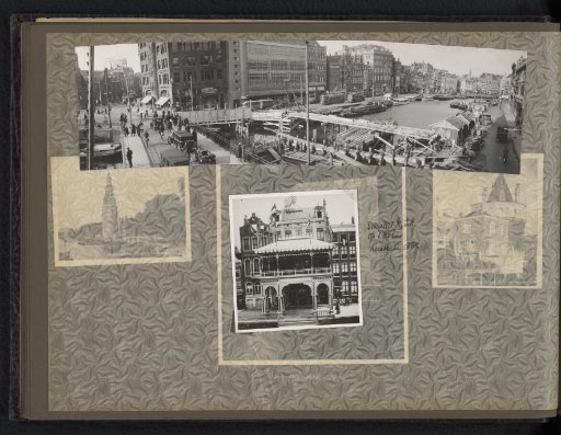 Four photographs, three of which joined as a panorama, of the Rokin and the festival temple for student society Nos Jungit Amicitia in honor of the fifth lustrum in 1887