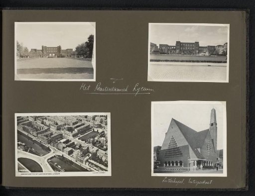 Three photographs and a photomechanical print of the Amsterdam Lyceum and the Lutheran Chapel, Amsterdam