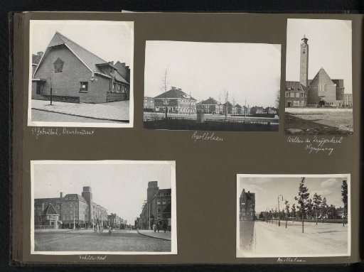 Three photomechanical prints and two photographs of streets and buildings in Amsterdam-Zuid
