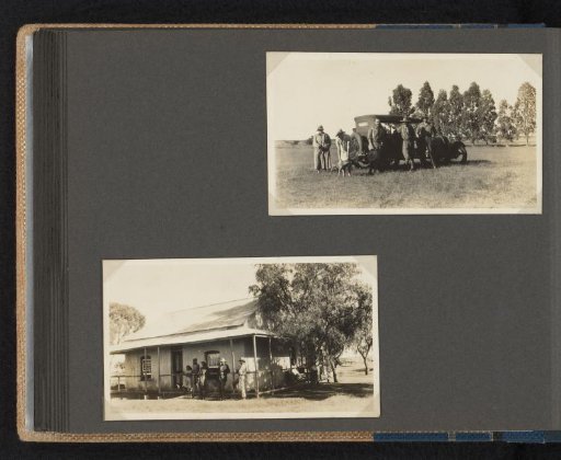 Group of men and women, including Arendina van den Berg, by a car and a house in South Africa