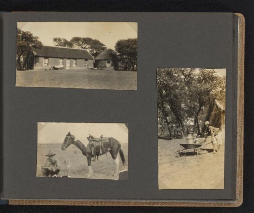 Detached house in South Africa, with a young man beside a horse and a child in a wheelbarrow on the right