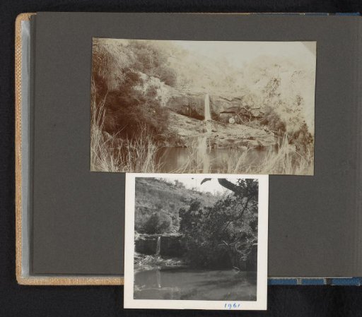 Two views of the same waterfall, presumably in South Africa, one from ca. 1910 and one from 1961