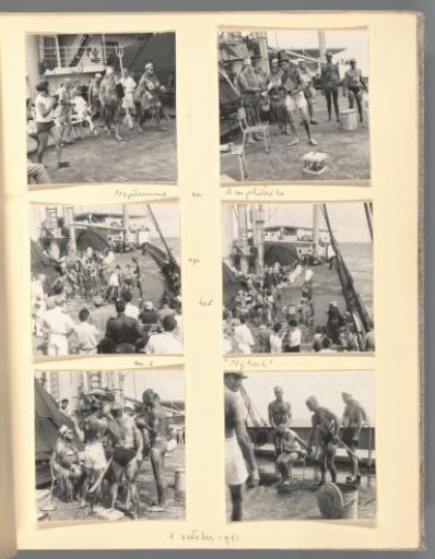 Six views of a play about Neptune and Amphitrite on the deck of the M.S. Nijkerk on the occasion of crossing the equator