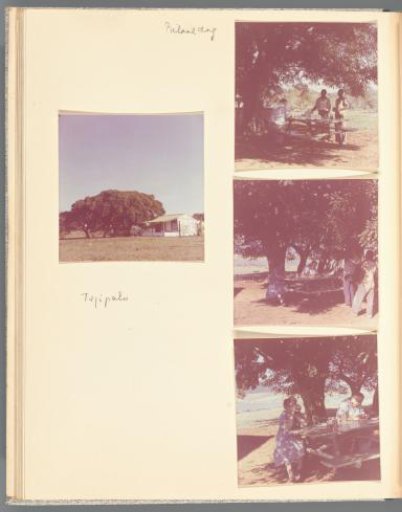 View of a house on the steppe in South Africa and three views of Van den Berg family members at a picnic table in the shade of a tree in South Africa