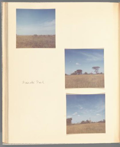Three views of Nairobi National Park, Kenya, two of which feature giraffes in the background