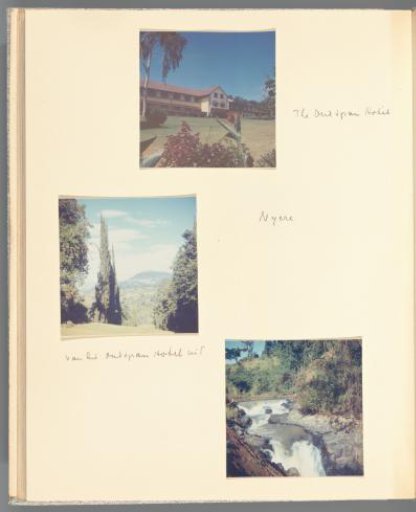View of a hotel in Nyeri and two views of the surroundings of Nyeri, Kenya