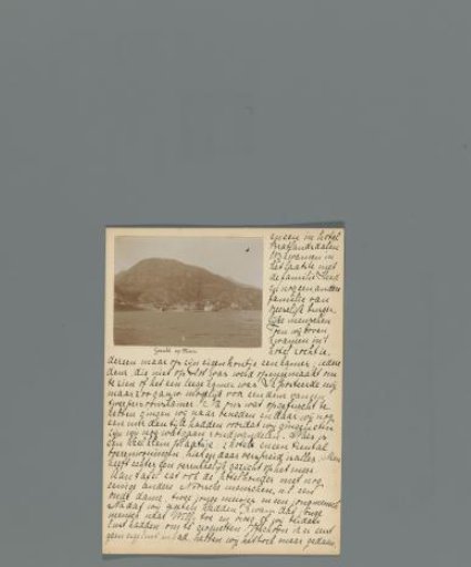Thirteenth page of a diary of a journey through Norway with a photo showing a view of a village near Suldal