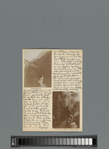 Sixteenth page of a diary of a journey through Norway with two photographs showing faces at Brattlandsdalen