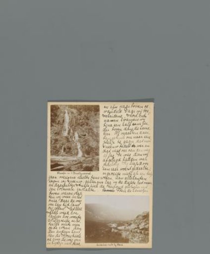 Seventeenth page of a diary of a journey through Norway with two photographs of the Flesefossen and Brattlandsdalen