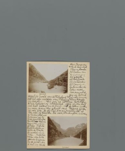 Eighteenth page of a diary of a journey through Norway with two photographs of the Gorsvand lake