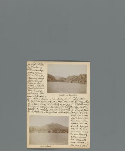 Eighth page of a diary of a journey through Norway with two photos of Sand and the Sandsfjord
