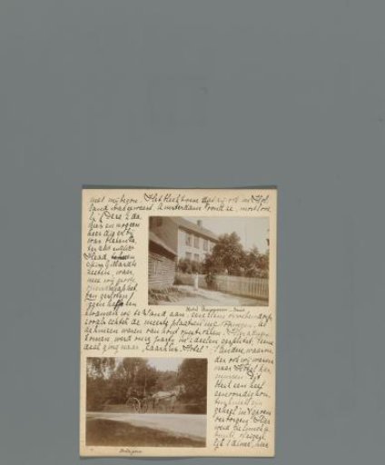 Ninth page of a diary of a journey through Norway with two photos of Hotel Rasmussen in Sand and a carriage