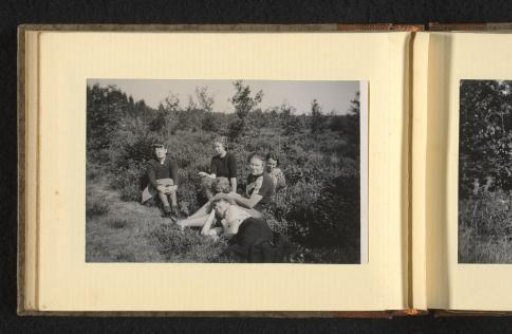 Five women and a dog sitting and lying in the shrubbery