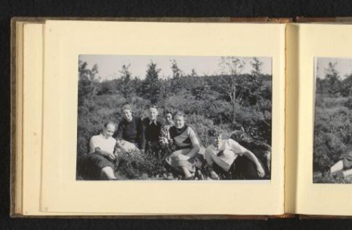 Four Women and Two Men Sitting in Shrubbery