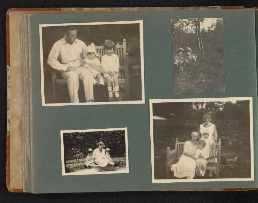 Four photographs of parents and two children, on a garden bench and in the woods