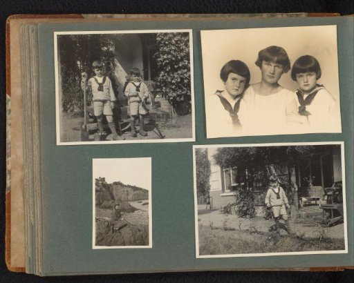 Four photographs of Caroline Onnen, Frank and Pieter Furnée, among others at their home in Hilversum