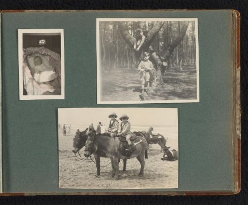 Three photographs of Frank and Pieter Furnée in the woods and riding donkeys on the beach