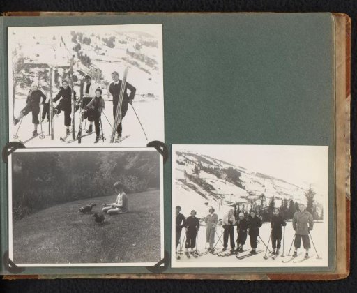 Three photographs of the Onnen-Van den Berg family on skis and Frank or Pieter Furnée feeding ducks