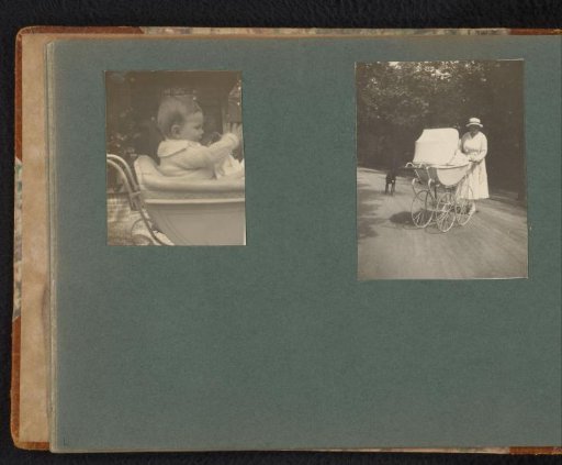 Two photographs of Carolina Onnen with dog and pram, and Frank Furnée jr. in a pram