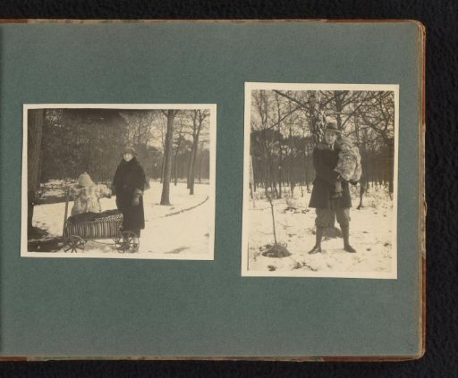 Two photographs of Carolina Onnen, Frank Furnée sr. and Frank Furnée jr. in the snow