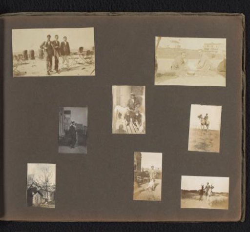 Three young men on a beach, on horseback in the dunes, and in a garden with two dogs