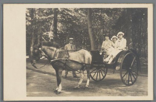 Three women in a horse-drawn carriage, with a man beside it