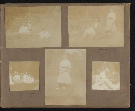 Five photographs of Loentje and Milly Onnen with Winny Uhlenbeck and other friends, with tennis rackets