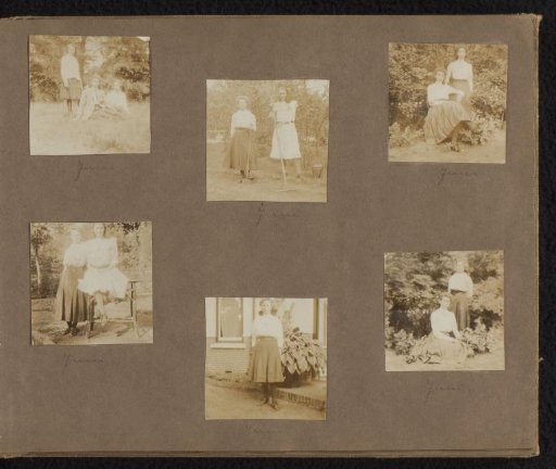 Six photos of Loentje and Milly Onnen with others in a garden