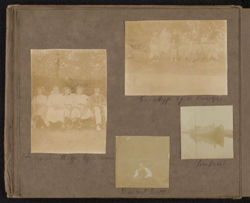 Four photos of Loentje and Milly Onnen with Lilly Mohr and others at a tennis court