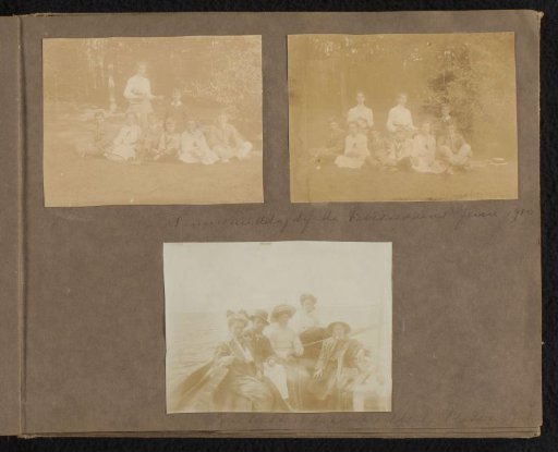 Three group portraits of Loentje and Milly Onnen with others at a tennis court and on a sailboat at the Loosdrechtse Plassen