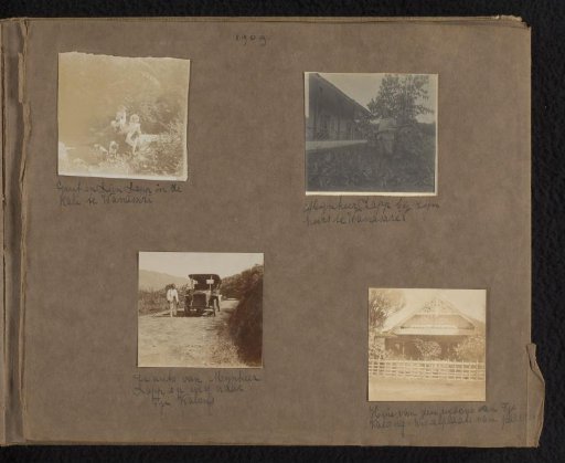 Four photographs of Greet, Lien and J. Chr. Lapp, a car and a house, Wanasari