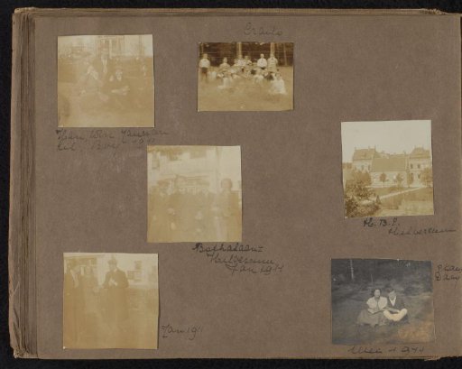 Six photographs of Milly Onnen, Winny Uhlenbeck, other friends, and the HBS of Hilversum