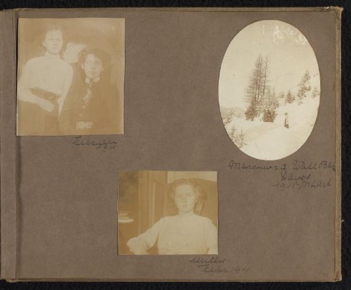 Three photographs of Loentje Onnen with Winny Uhlenbeck, Milly Onnen, and a woman in a snowy landscape