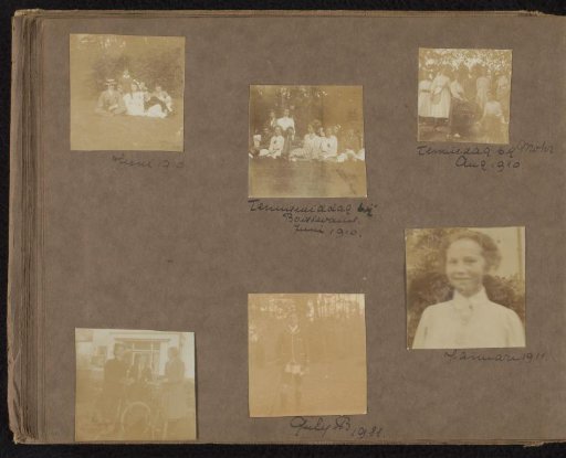 Six photos of friends of Loentje Onnen at tennis matches and with bicycles