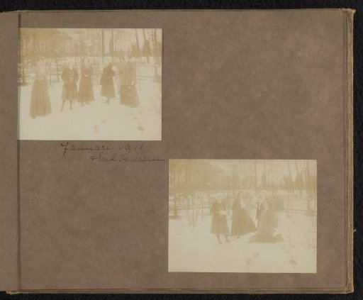Two photos of Loentje Onnen with friends in the snow, Hilversum