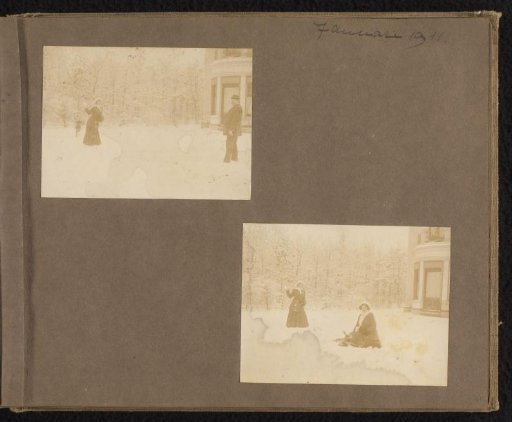 Two photographs of Greet, Lien and J. Chr. Lapp in the snow in Hilversum