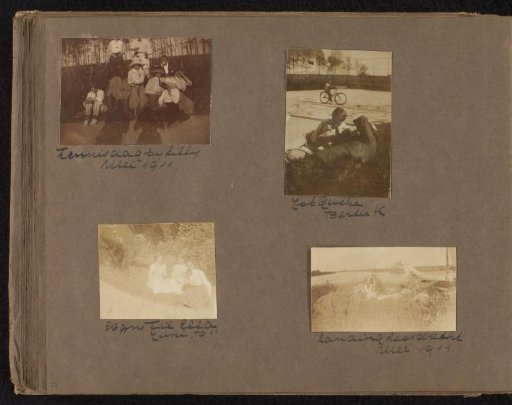 Four photographs of friends of Loentje Onnen at the tennis court and at the Loosdrecht Pools