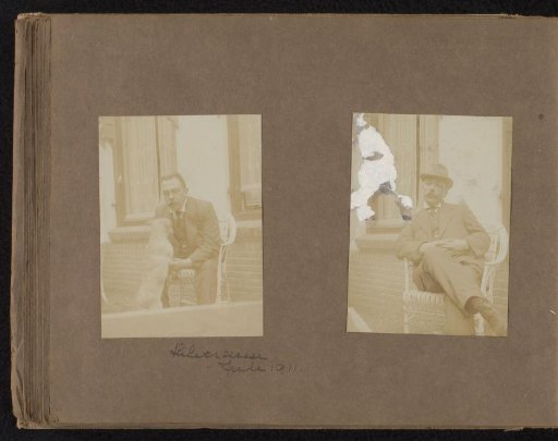 Two portraits of a man in a garden