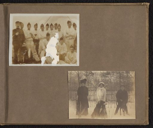 Two group portraits of a group of soldiers and of three people with dogs in the snow