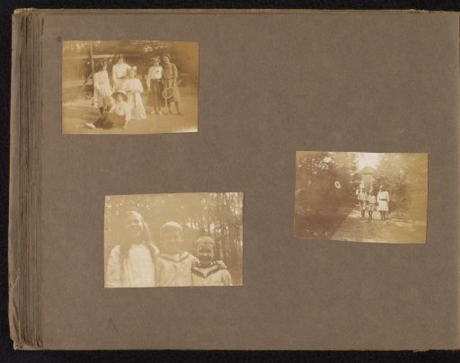 Three photos of people on a tennis court and children in a forest