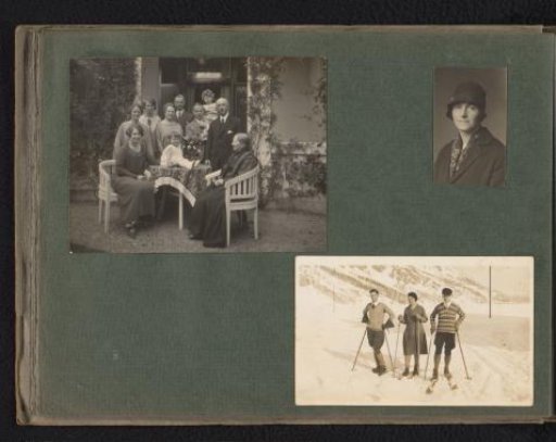 Three Photographs with a Family Portrait, a Portrait of a Woman and Three People on Skis